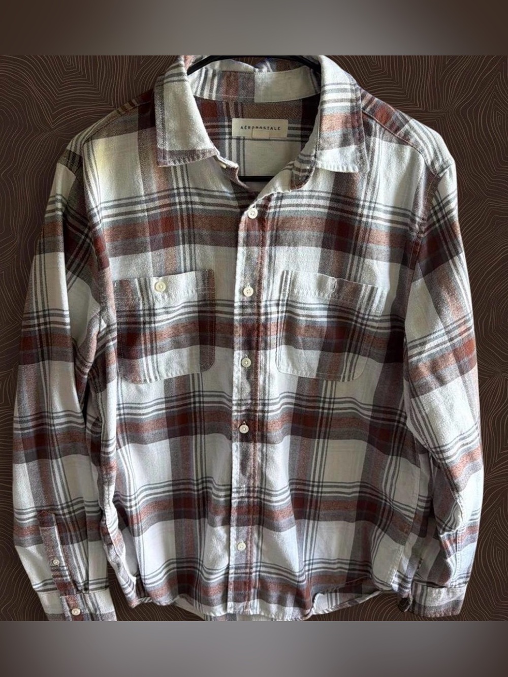 Aeropostale Men's White and Brown Plaid Button-Down Shirt